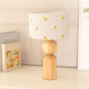 ValueLights Azalea Rustic Wooden Table Lamp with Lemon Embroidered Drum Shade and LED Bulb