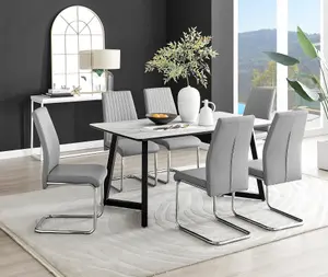 Furniturebox UK Carson White Marble Effect Dining Table & 6 Grey Lorenzo Chairs