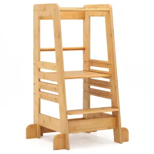 COSTWAY Kitchen Step Stool for Toddlers Bamboo Kids Standing Tower with Safety Rail