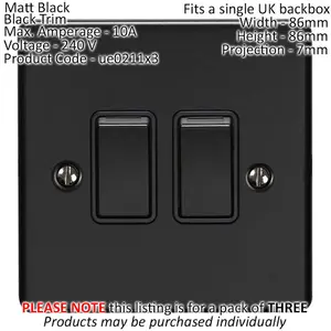 3 PACK 2 Gang Double Metal Light Switch MATT BLACK 2 Way 10A Black Trim