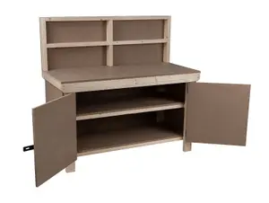 Wooden MDF Top Workbench With Lockable Cupboard (V.9) (H-90cm, D-70cm, L-150cm) with back panel and double shelf