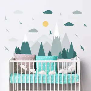 Walplus Colourful Mountain Landscape,Dark Green Scandinavian Style,Children Wall Sticker Kids Sticker PVC Green Grey