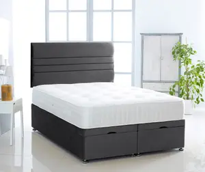 Black Plush Foot Lift Ottoman Bed With Memory Spring Mattress And Horizontal Headboard 6.0 FT Super King