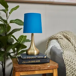 ValueLights Pair Of Modern Gold Teardrop Touch Bed Side Table Lamps With Navy Fabric Shades