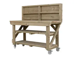 Indoor/outdoor workbench pressure treated station (H-90cm, D-64cm, L-150cm) with back panel, double shelf and wheels