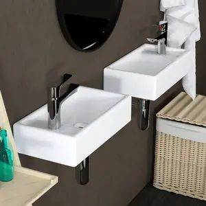 16-Inch Wall Hung Basin Sink Combo, Small Cloakroom Basin, Rectangle Ceramic Bathroom Wash Basin - Right Hand Sink Set (Include Faucet & Pop-up Drain)