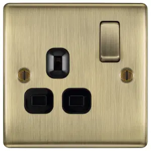 BG Antique Brass Single 13A Switched Socket & Black inserts