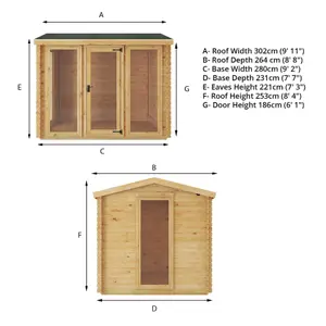 Waltons 3m x 2.5m Wooden 19mm Garden Log Cabin Summerhouse Apex Shed 10ft x 8ft