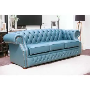 Chesterfield 3 Seater Sofa Shelly Majolica Blue Leather In Buckingham Style