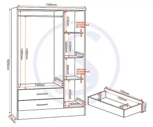 Nevada 3 Door 2 Drawer Mirrored Wardrobe Black Wood Grain