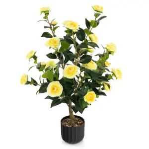 Costway Artificial Camellia Tree Faux Flower Plant Artificial Tree in Cement Pot Greenery Potted Plant Free Maintenance