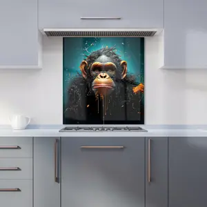 Monkey Face Splashart Blue Premium Glass Kitchen Splashback W600mm x H650mm