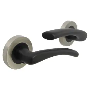 Zena Door Handle Modern Design Matt Black Lever on Satin Rose Internal + Latch