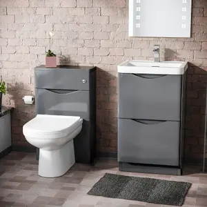 Nes Home Modern 500mm Steel Grey 2 Drawer Vanity Cabinet with Basin WC Toilet Unit Combo