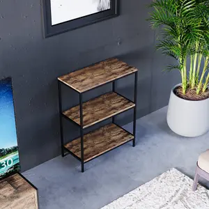 Vida Designs Brooklyn Dark Wood 3 Tier Bookcase Industrial Freestanding Shelving Unit (H)780mm (W)600mm (D)300mm