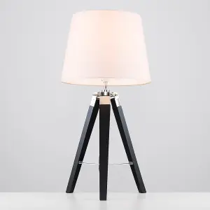 ValueLights Clipper Black Wood and Silver Chrome Tripod Table Lamp with Pink Tapered Light Shade - Complete with 6w LED Bulb