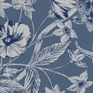 Laura Ashley Summerhill Midnight Blue Floral Smooth Wallpaper