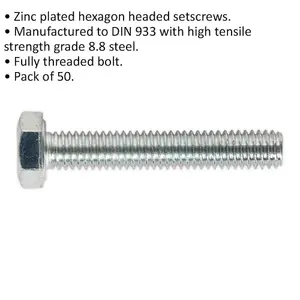 High-Quality M6 x 35mm Zinc Setscrew Pack of 50 - Grade 8.8 Fully Threaded DIN 933