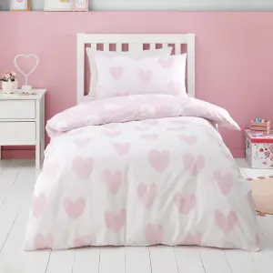 Catherine Lansfield Brushed Cotton Hearts Reversible Duvet Cover Set with Pillowcase Pink