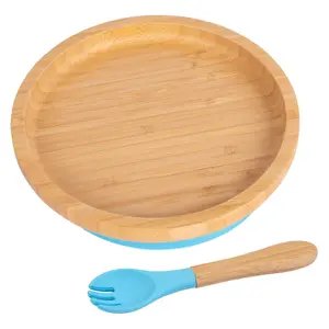 Bamboo Round Baby Weaning Plate & Fork Set - Blue