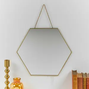 (L 27Cm) Honeycomb Gold Hanging Plate Mirror With Chain 27cm H x 27cm W