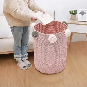 Pink Cotton Rope Woven Laundry Basket Laundry Hamper Clothes Toy Organizer