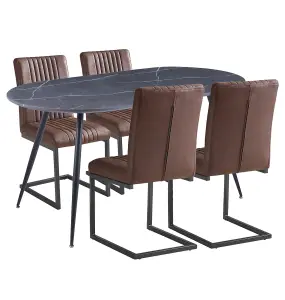 Hallowood Furniture Cullompton Large 160cm Oval Table, Grey Marble Effect Top, with 4 Brown Leather Effect Chairs