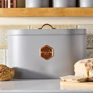 Cooks Professional Kitchen Storage Bread Bin With Nameplate Grey / Copper