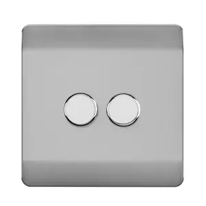 Trendi Switch 2 Gang 1 or 2 way 150w Rotary LED Dimmer Light Switch in Brushed Steel