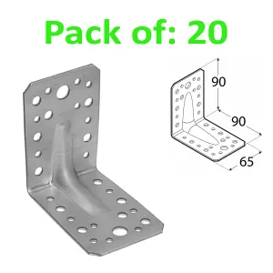 ANGLE BRACKET 2mm Thick HEAVY DUTY Corner Reinforced Galvanised Zinc Plated 90x90 Width 65mm Pack of: 20