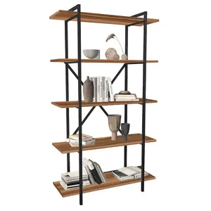 URBNLIVING 160cm Height Walnut 5-Tier Wooden Bookshelf With Metal Frame Living Room Storage & Display Unit