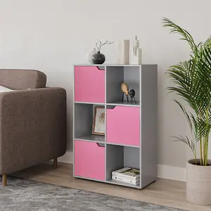 URBNLIVING 6 Cube Grey Wooden Bookcase Shelving Display Shelves Storage Unit Wood Shelf Pink Door