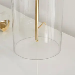 NORA Contemporary Clear Glass Table Lamp With Gold Chrome Details and Cream Shade Including A Rated Energy Efficient LED Bulb