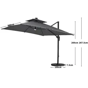 Dark Grey Outdoor Large Square Tilting Canopy LED Cantilever Parasol with Fillable Base 3M