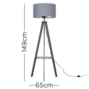 Ismay 149 cm Morrigan Wood Tripod Floor Lamp with Shelf & XL Reni Shade Grey / Grey/Chrome / No