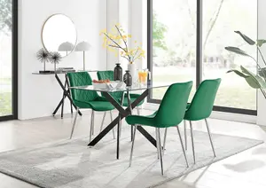 Furniturebox UK Leonardo Black Leg Glass Dining Table & 4 Green Pesaro Silver Chairs