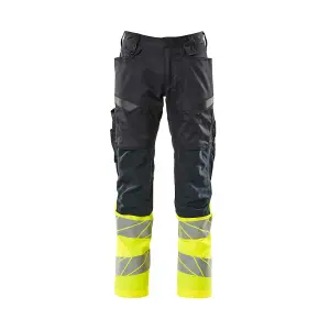 Mascot Accelerate Safe Trousers with Kneepad Pockets - Dark Navy/Hi-Vis Yellow   (33.5) (Leg Length - Short)