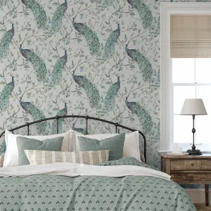 Arthouse Keeka Bird Blue Peacock Floral Feather Navy Natural Off White Wallpaper