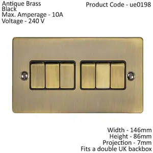 6 Gang Multi Light Switch ANTIQUE BRASS 2 Way 10A Black Trim & Metal Rocker