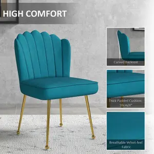 HOMCOM Velvet-Feel Shell Accent Chair Home Bedroom Lounge Metal Legs Blue