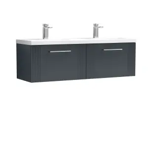 Retro 2 Drawer Wall Hung Vanity Unit with Double Ceramic Basin - 1200mm - Satin Soft Black - Balterley