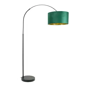 ValueLights Louis Black Arched Floor Lamp with Forest Green Velvet Drum Metallic Gold Inner Shade and LED Bulb