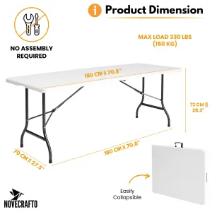 Folding Table White 180cm Surface - Sturdy Steel Frame Trestle Table, Powder Coated Foldable Table - Camping Table for 6 Person