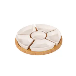 Oypla Rotating Bamboo Lazy Susan Snack Bowl Serving Platter with Ceramic Dishes