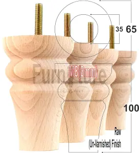 4 Turned Solid Wood Furniture Legs Replacement Settee Feet 100mm High Sofa Chair Bed M8 Raw SOF3211