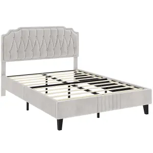 Yaheetech Beige 4ft6 Double Upholstered Bed Frame with Button-Tufted Adjustable Headboard and Wooden Slat Support