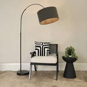 ValueLights Louis Black Arched Curved Floor Lamp with Charcoal Boucle Drum Lamp Shade and LED Bulb