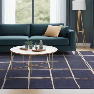 Blue Chequered Wool Modern Shaggy Handmade Rug For Living Room Bedroom & Dining Room-120cm X 170cm