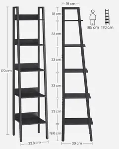 VASAGLE Ladder Shelf, 5-Tier Narrow Shelf, Bookshelf for Home Office, Room, Kitchen, Industrial, Ebony Black and Ink Black