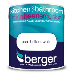 Berger Kitchen & Bathroom Mid Sheen Paint Brilliant White - 2.5L